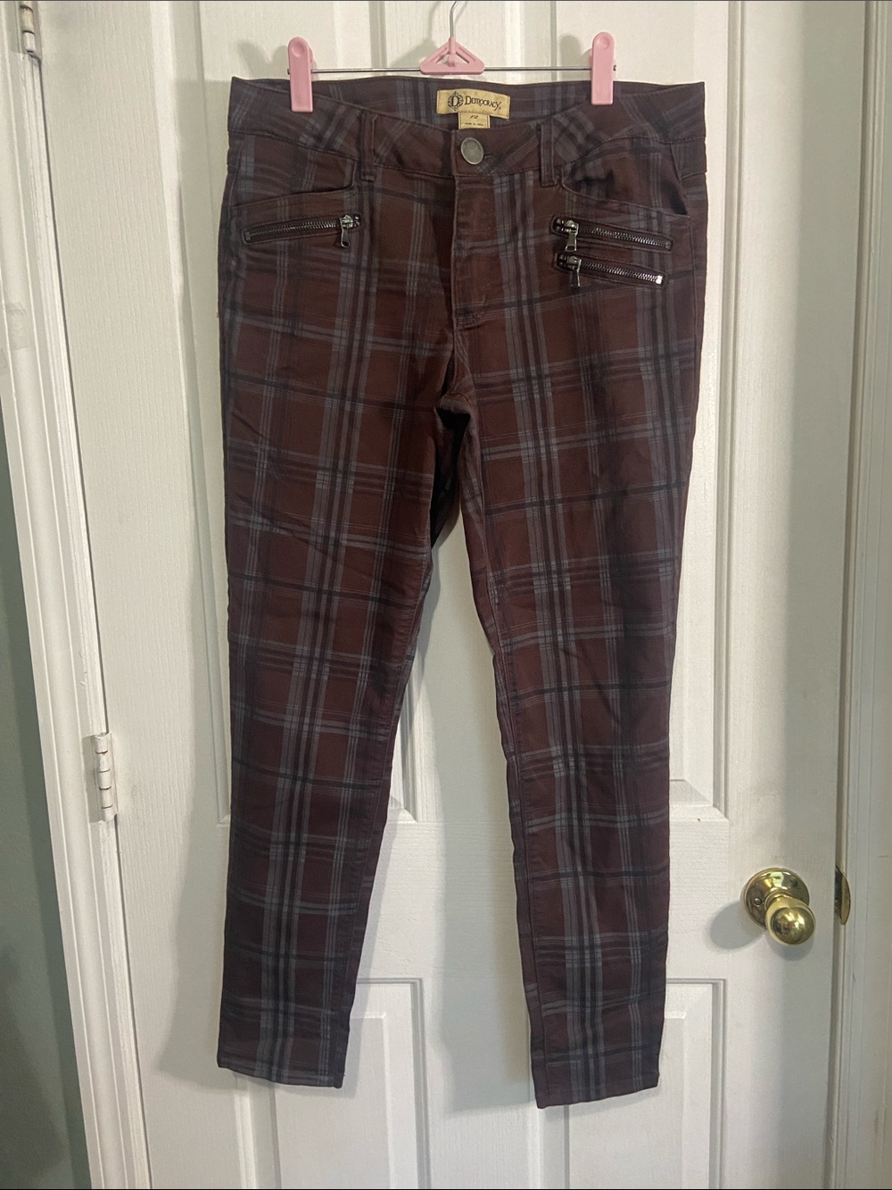 Democracy Plaid Skinny Jeans in Maroon and Gray